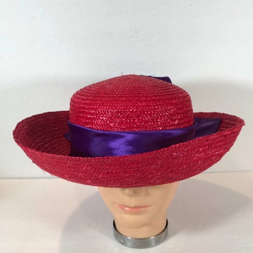 Vintage Womens Woven Hat Red Hat Society Purple Bow Feathers